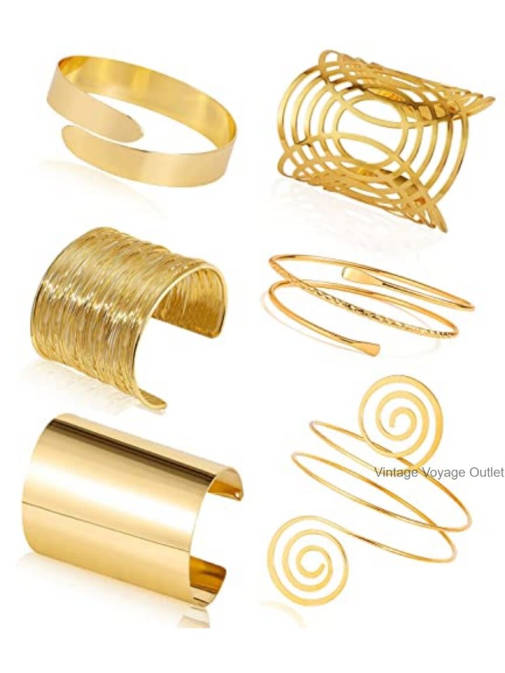 6pc Gold Plated Upper Arm Cuff Bracelet Set Adjustable Stackable Bangle
